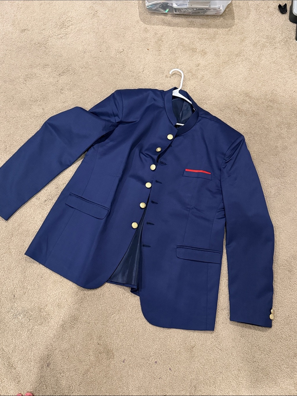 Men's Navy Mandarin-Collar Blazer with Gold Buttons